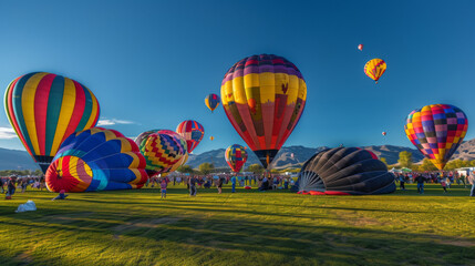 Fototapeta premium hot air balloons soar into the clear-blue skies ,an explosion of rainbow colors, stunning visuals, beautiful, travel photography