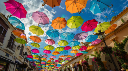 In the town square of Marbella, Spain, colorful umbrellas hang from street lamps and buildings in an art installation made up of thousands of multicolored umbrellas that create a beautiful canopy