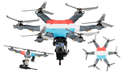 Fleet of Drones Adorned with Luxembourg Flag Colors Displayed on Black