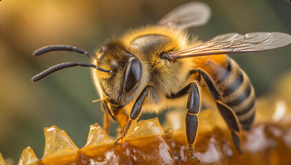 Harworking Honey Bee with Close Up Macro Images