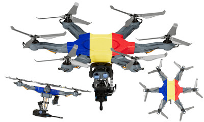 Fleet of Drones Adorned with Romania Flag Colors Displayed on Black