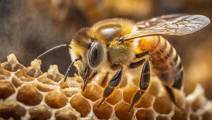 Harworking Honey Bee with Close Up Macro Images