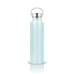 Vector Realistic 3d Blue Color Metal or Plastic Blank Glossy Reusable Water Bottle with Silver Bung Closeup Isolated on White Background. Design Template of Packaging Mockup. Front View