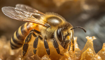 Harworking Honey Bee with Close Up Macro Images
