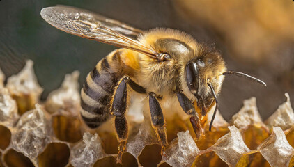 Harworking Honey Bee with Close Up Macro Images