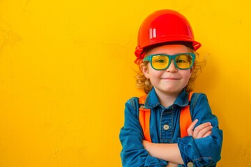 Child dressed as an engineer on a bright background. - obrazy, fototapety, plakaty