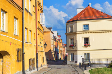 Cityscape - view of narrow streets with colorful old houses in the Old Town of Warsaw, Poland