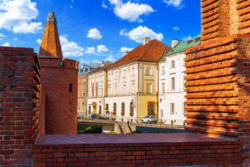 Cityscape - view from the fortress wall next to the medieval fortification building Warsaw Barbican in the Old Town of Warsaw, Poland