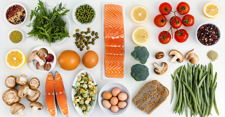 assortment of superfoods for a balanced diet - healthy eating flat lay with fresh vegetables,...