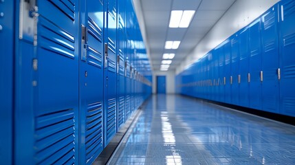 Blue school lockers in a clean hallway
