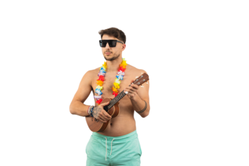 young man dressed in swim trunks, wearing PNG sunglasses and a flower necklace, playing the ukulele, all set for a fun day at the beach during summer on transparent background