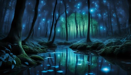  A bioluminescent forest bathed in starlight