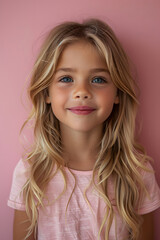 Fototapeta premium 10 years old girl, laughs a lot, pink background