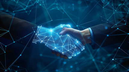 business technology concept, hand of businessman and blue hands of robot shake hand, friendship, data flow, with connect triangle network lines, generative ai