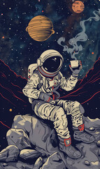 comic book style drawing of an astronaut in full suit, sitting on rock on alien planet, holding a steaming hot cup of coffee,generative ai