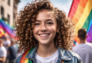 Portrait of a young smiling girl in a pride parade
