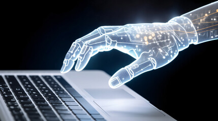 business technology concept, hands of robot pressing button on laptop, computer data, black background, glowing, generative ai