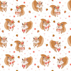 Cute cartoon squirrel with acorns, hearts and rose flowers gift and heart vector kids seamless pattern.