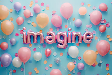 Dimensional text Imagine from foil balloons. Pastel colors.