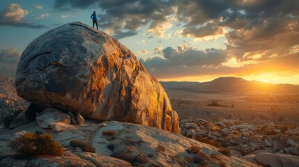 Triumph on top of a giant boulder at sunset - obrazy, fototapety, plakaty