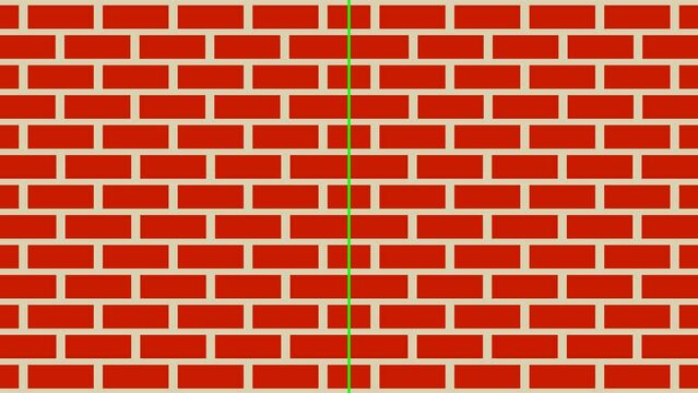 Animation of red brick wall gate on green background.
