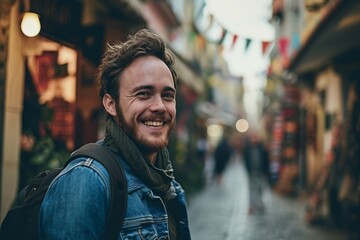 Portrait of a handsome young man with beard and mustache traveling in the city - obrazy, fototapety, plakaty