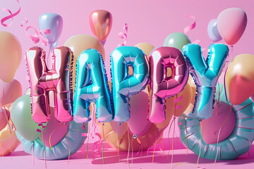 Dimensional text Happy from foil balloons. Pastel colors.