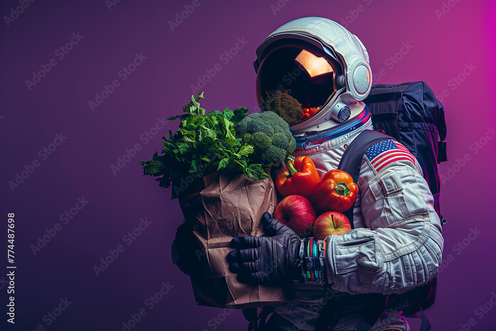 Wall mural an astronaut is carrying a shopping bag full with grocery against generative ai