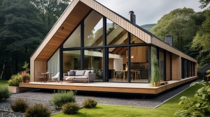modern country house, panoramic large windows, wooden walls and roof trim, lawn, cozy country house