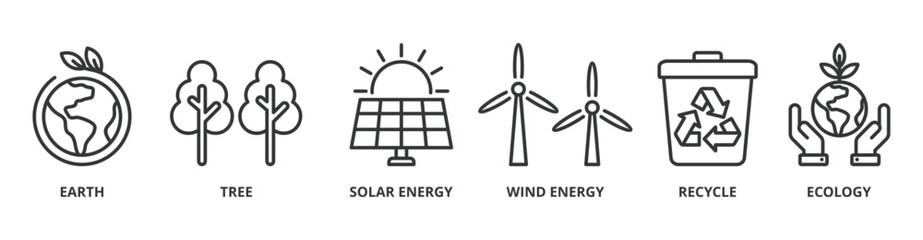 Environment banner web icon vector illustration concept with icon of earth, tree, solar energy, wind energy, recycle, ecology