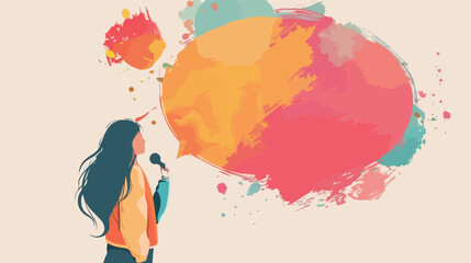 Speech bubble template with girl painting on canvas