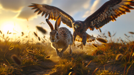 A dramatic scene unfolds at dawn: a rabbit flees with urgency across a meadow while a majestic eagle swoops down with talons poised to strike.