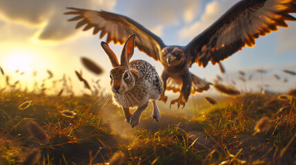 A dramatic scene unfolds at dawn: a rabbit flees with urgency across a meadow while a majestic eagle swoops down with talons poised to strike. - obrazy, fototapety, plakaty