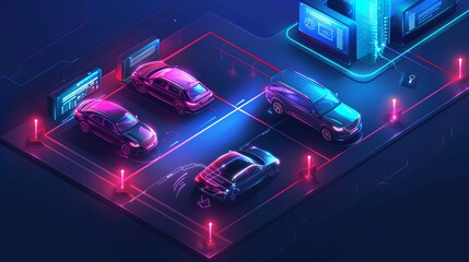 An isometric representation of smart car parking technology, designed for intuitive web usage - obrazy, fototapety, plakaty