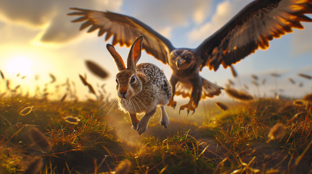 A dramatic scene unfolds at dawn: a rabbit flees with urgency across a meadow while a majestic eagle swoops down with talons poised to strike.