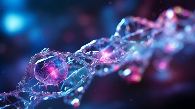 DNA helix 3D illustration. Mutations under microscope. Decoding genome. Virtual modeling of chemical processes. Hi-tech in medicine