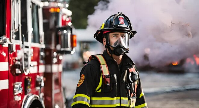 Portrait of a fireman wearing firefighter turnouts and helmet.