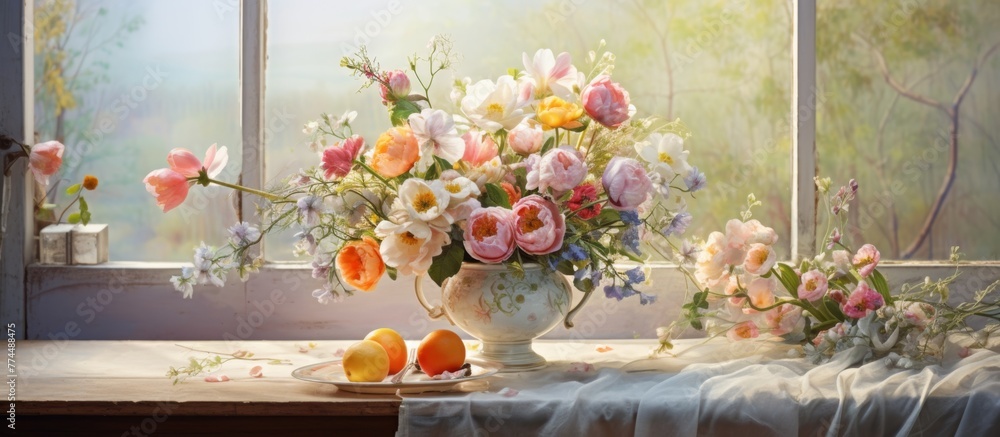Poster a simple yet charming scene of a table with a vase filled with colorful flowers placed by a window