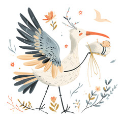 Graceful Stork Newborn Delivery Vector Illustration