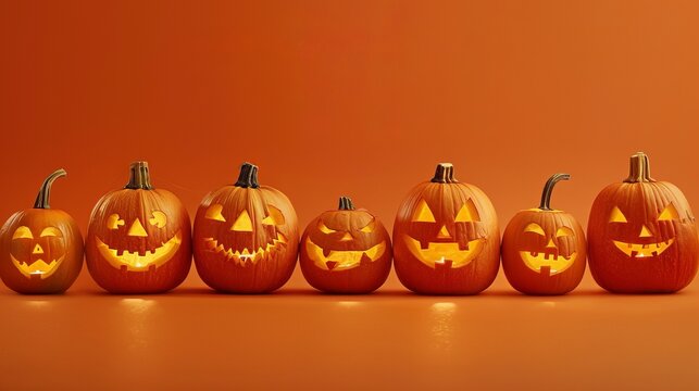 A group of Jack o lanterns in an orange room. A background for a halloween event.