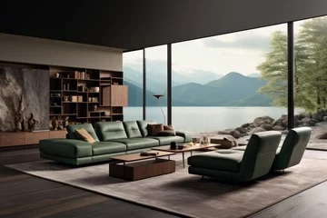 Foto auf Glas Large living room at sunset, fireplace, sofas, coffee table, panoramic windows, beautiful landscape © Анна Д