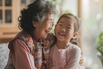 Asian old woman grandmother with granddaughter. Family. Generations. Elderly Person's Day. Chinese New Year. TET