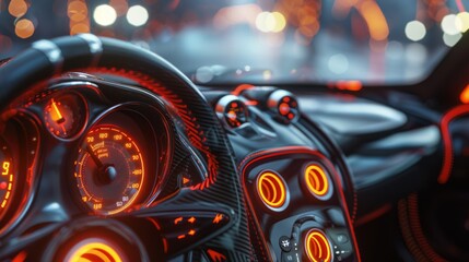 Futuristic car dashboard in bright neon lights, 3D illustration
