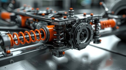 Innovative 3D rendering of an advanced sports car suspension system in detailed rendering.  - obrazy, fototapety, plakaty