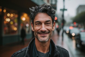 Portrait of handsome middle aged man with beard and mustache smiling in the city. - obrazy, fototapety, plakaty