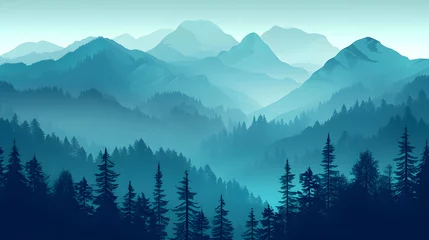 Poster Misty mountain landscape with fir forest in vintage retro style © hummingbird