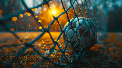 A soccer ball is sitting in a net with a sunset in the background