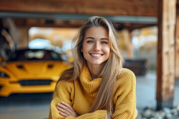 Radiant young woman in a stylish autumn outfit posing in front of an elegant sports car