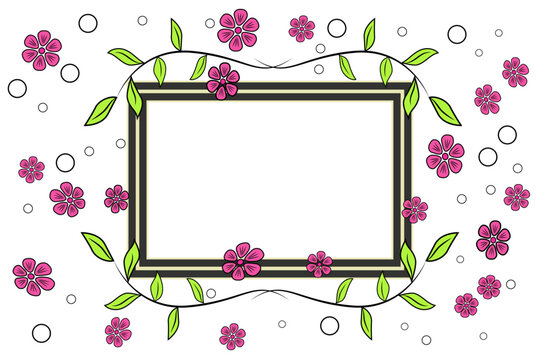 Leaves on a branch and pink flowers frame copy space. A concept for a postcard, invitation, flyer. Elements for inspirational quotes, wedding, greeting card, template, poster, print, celebration.