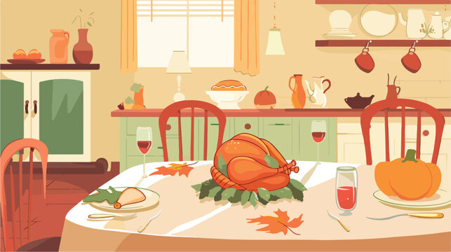 Thanksgiving day dinner flat cartoon vactor illustr